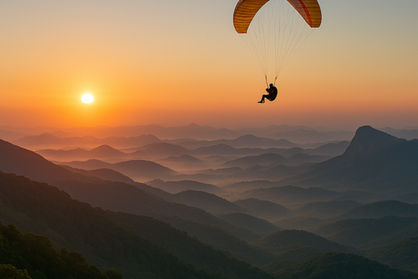 Voo de parapente realizado sobre montanhas com vista para o nascer do sol