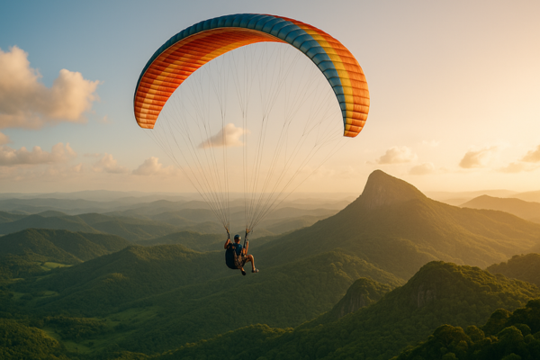 Voo de parapente em um cenário de montanhas