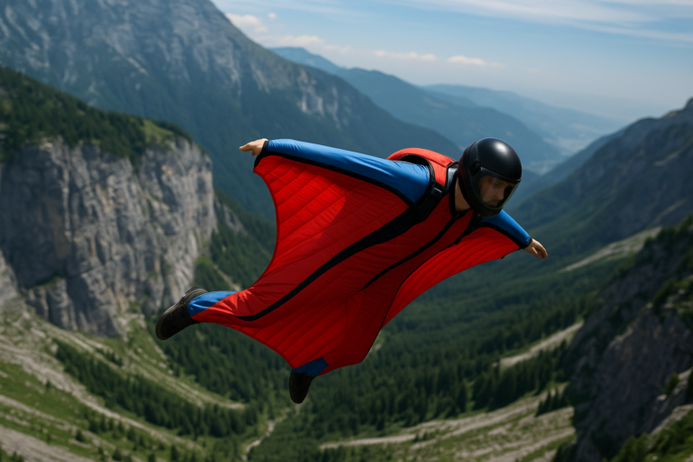 O homem pulando de Wingsuit entre montanhas