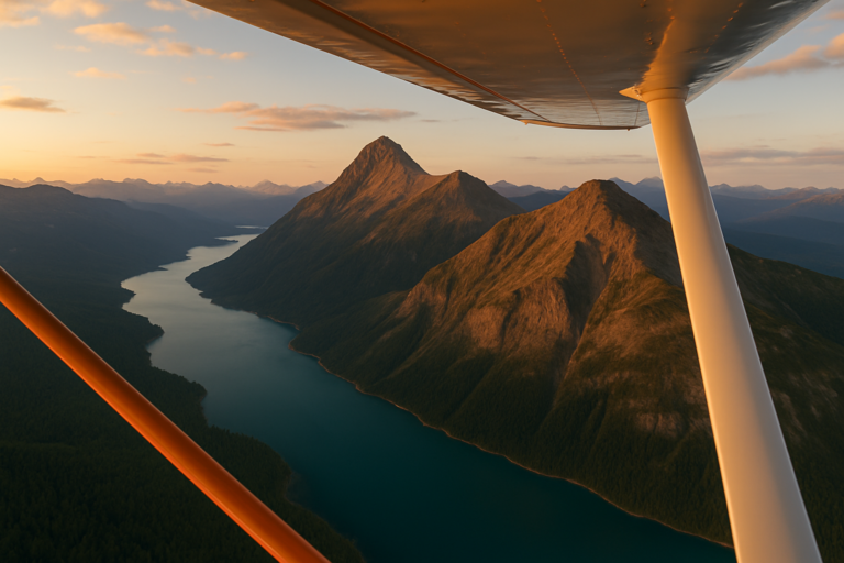 Vista aérea de montanhas ao pôr do sol com rio sinuoso e asa de avião em primeiro plano