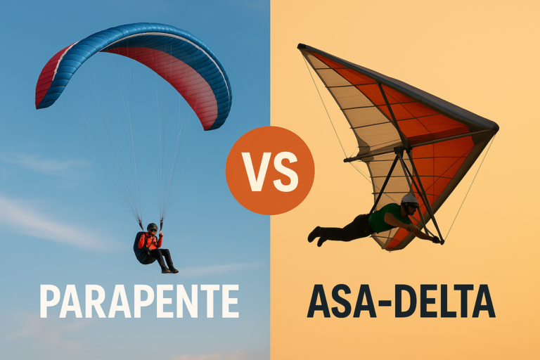Imagem comparativa entre voo de parapente e voo de asa-delta, destacando as diferenças visuais entre os dois esportes aéreos