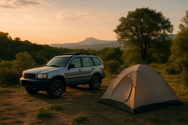Veículo 4x4 estacionado ao lado de barraca em cenário natural ao pôr do sol
