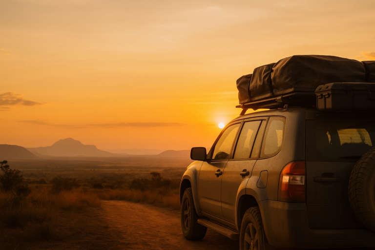 Veículo 4x4 estacionado em trilha de terra ao pôr do sol no interior do Brasil, simbolizando viagem overlanding
