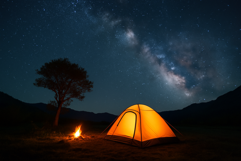 Barraca iluminada sob o céu estrelado com Via Láctea em destaque, ao lado de uma fogueira em cenário de camping selvagem.