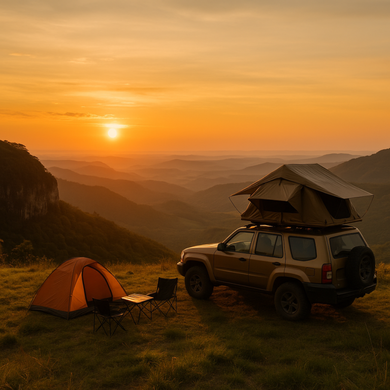 Acampamento overland ao pôr do sol com veículo 4x4 e barraca de teto
