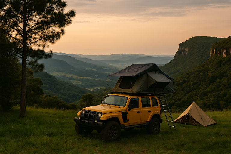 Veículo off-road amarelo com barraca de teto acampado entre montanhas e vales da Serra Gaúcha ao entardecer.