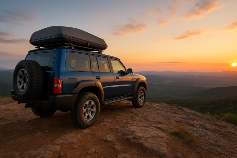 Veículo 4x4 azul sobre terreno rochoso com vista para montanhas ao pôr do sol