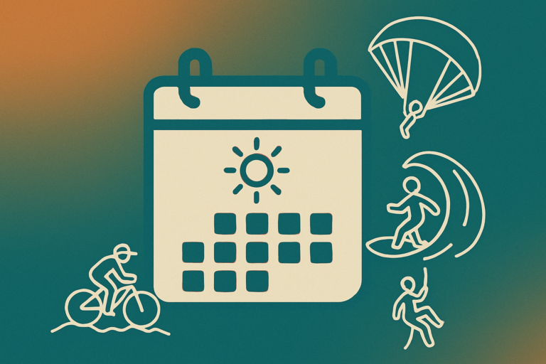 Ilustração em design plano de um calendário central cercado por ícones de esportes radicais — parapente, surfe, mountain bike e rapel — sobre fundo em degradê laranja e verde.