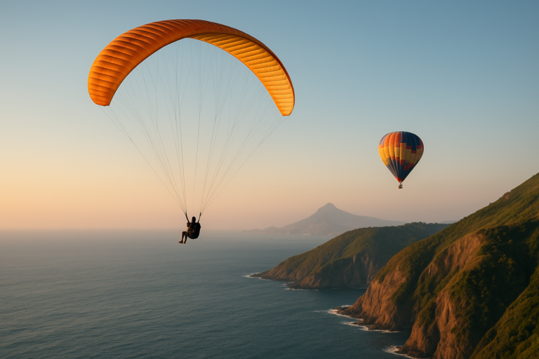 Parapente e balão sobrevoando montanhas costeiras ao pôr do sol no Brasil.