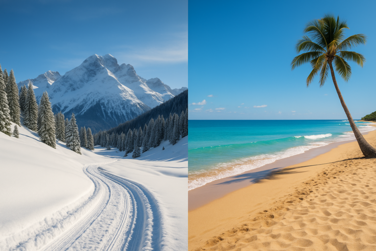 Paisagem dividida entre montanhas cobertas de neve com trilha e uma praia tropical com mar azul e palmeira