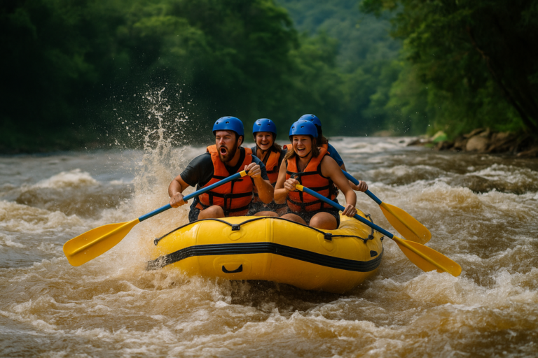 Três pessoas praticando rafting em um bote inflável amarelo, enfrentando corredeiras intensas cercadas por floresta densa