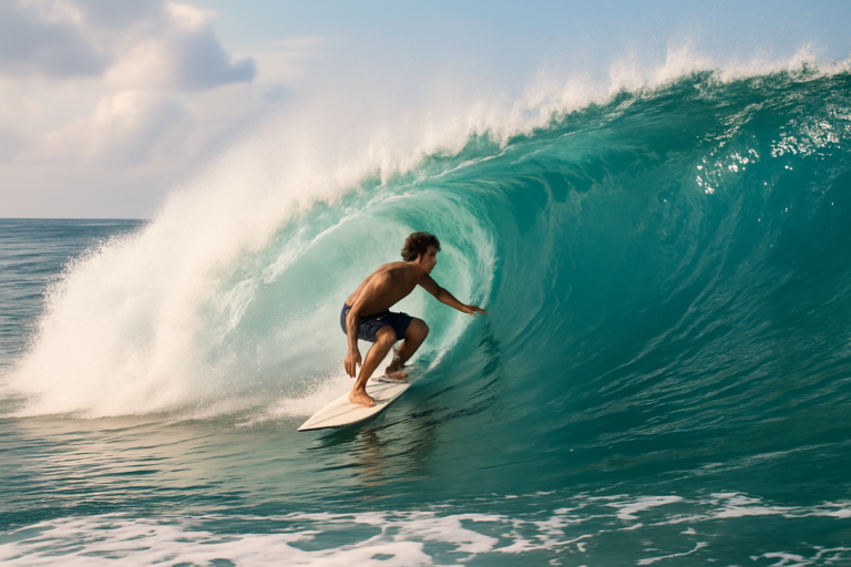 Surfista pegando um tubo perfeito em onda cristalina no oceano