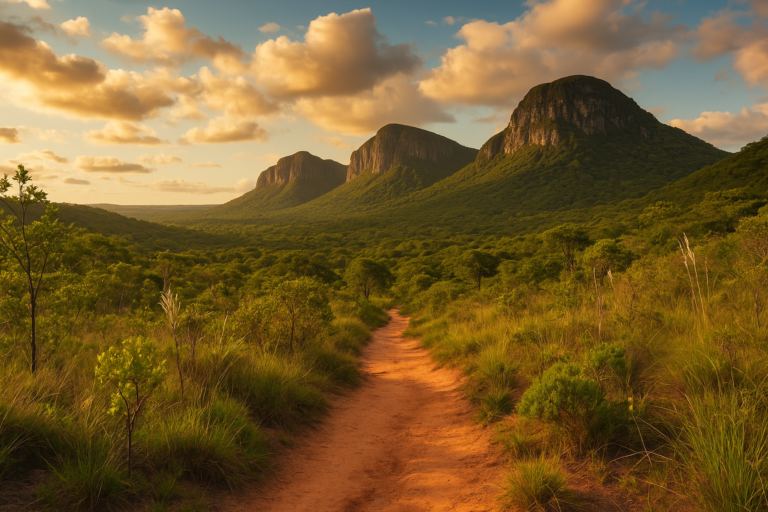 Caminho de terra vermelho entre vegetação densa rumo a montanhas em parque nacional do Brasil