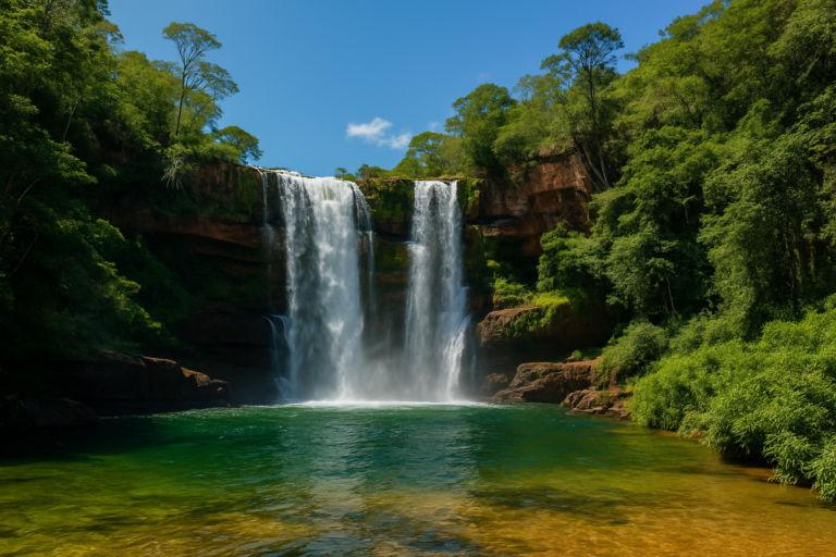 Cachoeira tropical de águas cristalinas cercada por vegetação exuberante sob céu azul no Brasil.