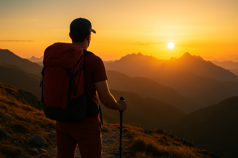 Viajante com mochila observando montanhas ao pôr do sol durante uma trilha de aventura.